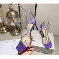 Sophisticated Jimmy Choo Saeda Sandal 85 in Satin and PVC with Crystal Embellishment Purple 411907