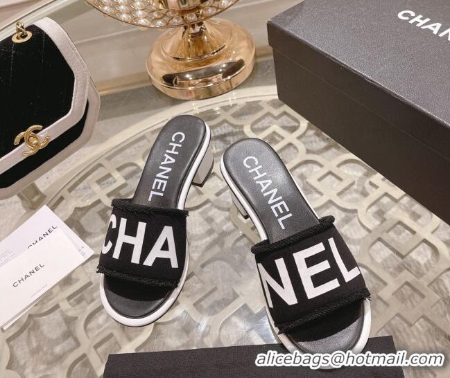 Perfect Chanel Denim Heel Slide Sandals 4.5cm with Fringe Trim Black 126145