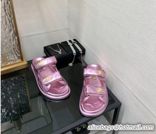 Top Grade Chanel Metallic Oil Calfskin Flat Strap Slide Sandals with Metal CC Light Pink 0224060