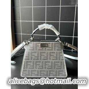 Super Quality Fendi Peekaboo ISeeU Petite Bag in leather with crystal FF motif F8074 Silver 2024