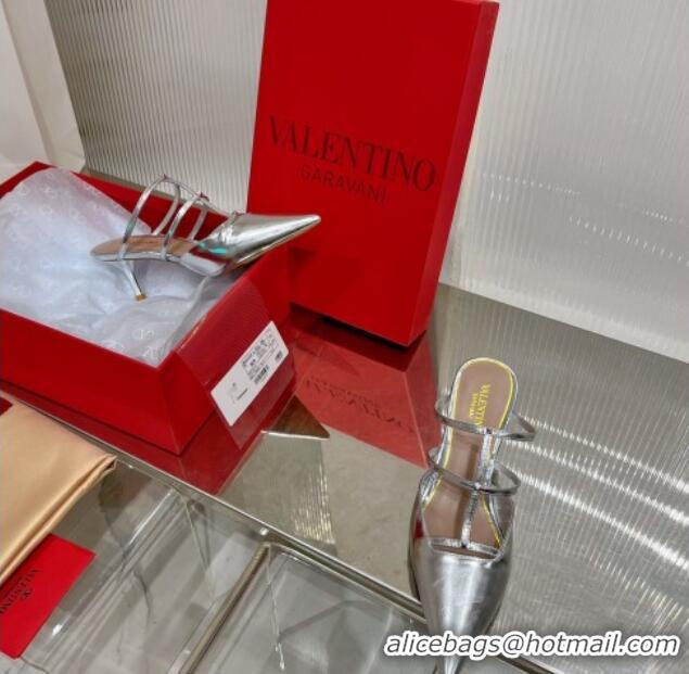 Charming Valentino Rockstud Wispy Heel Mules 6cm in in Glazed Metallic Leather Silver 0227045