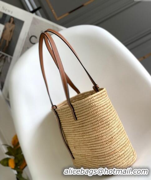 Inexpensive Loewe Small Square Basket Bag in Raffia Straw and Calfskin 10112 Brown 2023