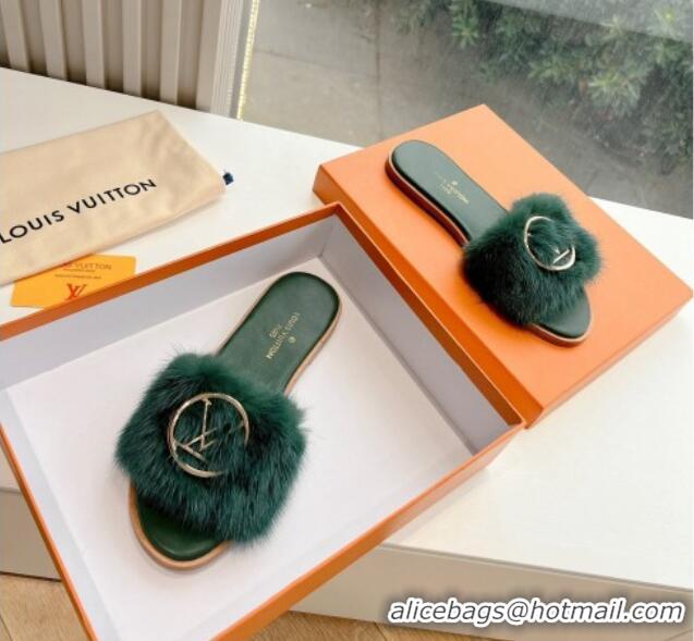 Luxury Cheap Louis Vuitton LV Mink Fur Flat Slide Sandals Dark Green 320065