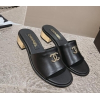 Duplicate Chanel Lambskin Slide Sandals 5cm with Gold-Tone Heel Black 126092