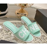 Most Popular Chanel Denim Heel Slide Sandals 4.5cm with Fringe Trim Light Green 0126144