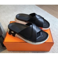 Luxury Hermes Infra Slide Sandals in Nappa Leather Black 226085