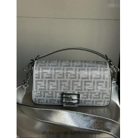 Super Quality Fendi Baguette Medium Bag in leather with crystal FF motif F8071 Silver 2024