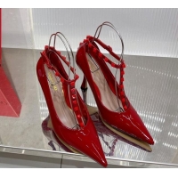 Luxurious Valentino Roman Stud Pumps 10cm with Ankle Strap in Patent Leather Red 0227037