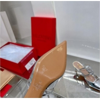Charming Valentino Rockstud Wispy Heel Mules 6cm in in Glazed Metallic Leather Silver 0227045