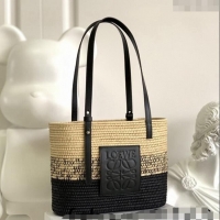 Best Quality Loewe Small Square Basket Bag in Raffia Straw and Calfskin 10112 Black 2023