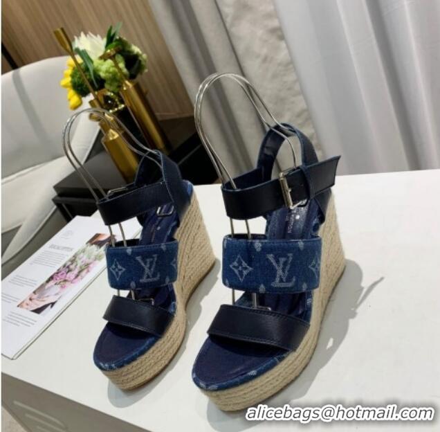 Purchase Louis Vuitton Starboard Wedge Sandals 10cm in Denim and Leather Blue 0320107