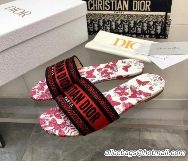 Luxurious Dior Dway Flat Slide Sandals in White and Red Embroidered Cotton with Le Cœur des Papillons Motif 326023