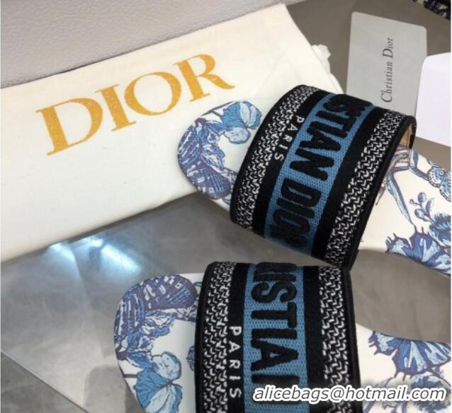 Perfect Dior Dway Flat Slide Sandals in Pastel Midnight Blue Multicolor Embroidered Cotton with Toile de Jouy Mexico Mot