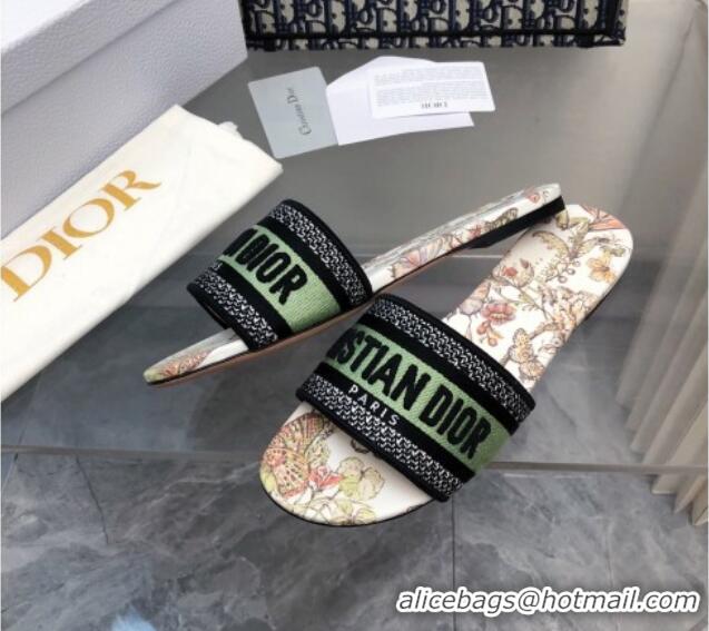 Charming Dior Dway Flat Slide Sandals in Green Embroidered Cotton with Toile de Jouy Mexico Motif 326027