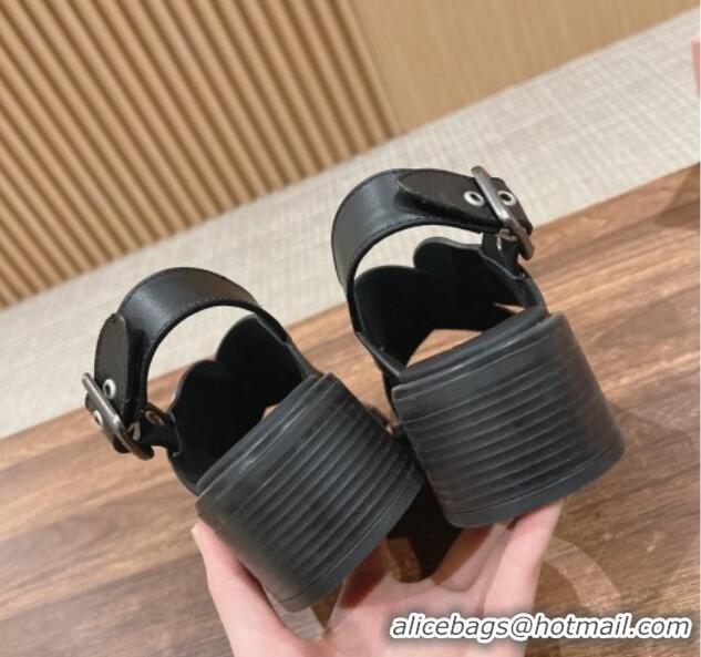 Durable Miu Miu Leather Heel Sandals with Buckle Black 327073