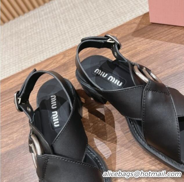 Durable Miu Miu Leather Heel Sandals with Buckle Black 327073