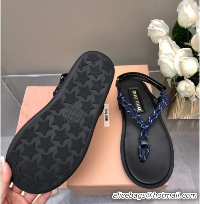 Best Product Miu Miu Riviere Cord and Leather Thong Flat Sandals Navy Blue 327082