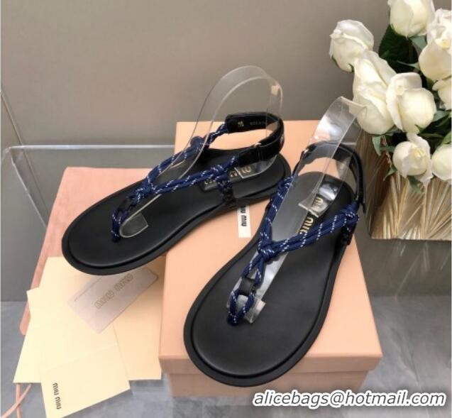 Best Product Miu Miu Riviere Cord and Leather Thong Flat Sandals Navy Blue 327082