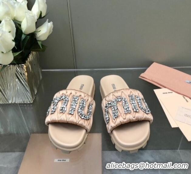 Lowest Price Miu Miu Matelasse Satin Platform Slide Sandals with Crystals Logo Nude 327103