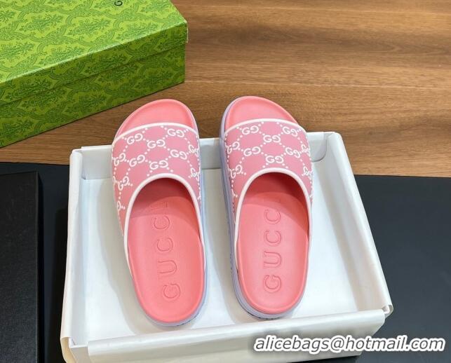 Popular Style Gucci Rubber Platform Slide Sandals with Interlocking G Pink/White 319011