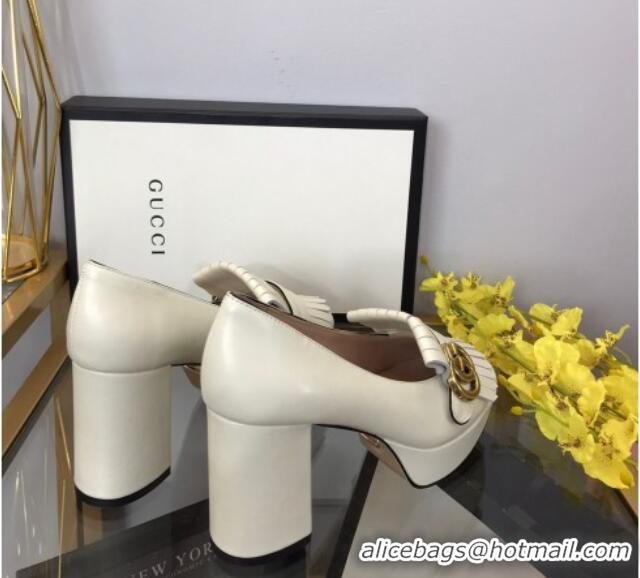Best Grade Gucci Leather Fringe Platform Pumps 8.5cm White 319021