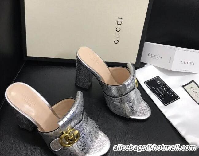 Popular Style Gucci Leather Fringe Heel Slide Sandals 7cm Silver 319033