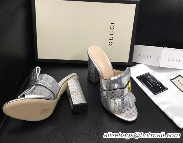 Popular Style Gucci Leather Fringe Heel Slide Sandals 7cm Silver 319033
