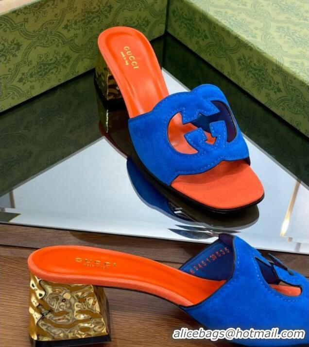 Pretty Style Gucci Suede Metal-Tone Heel Slide Sandals 5.5cm with Interlocking G Cutout Blue/Orange 319055