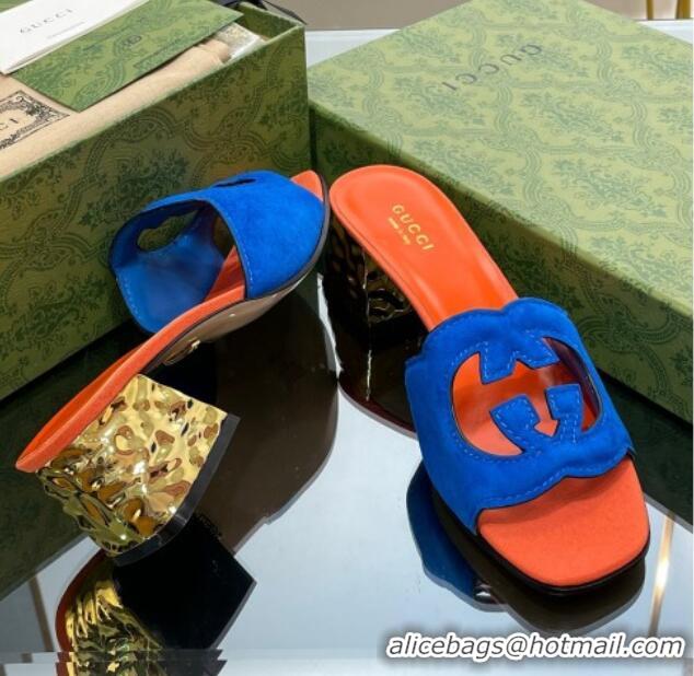 Pretty Style Gucci Suede Metal-Tone Heel Slide Sandals 5.5cm with Interlocking G Cutout Blue/Orange 319055