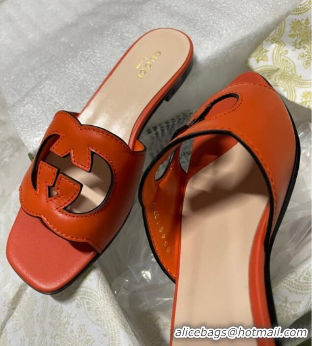 Purchase Gucci Leather Flat Slide Sandals with Interlocking G Cut-out Orange 319064