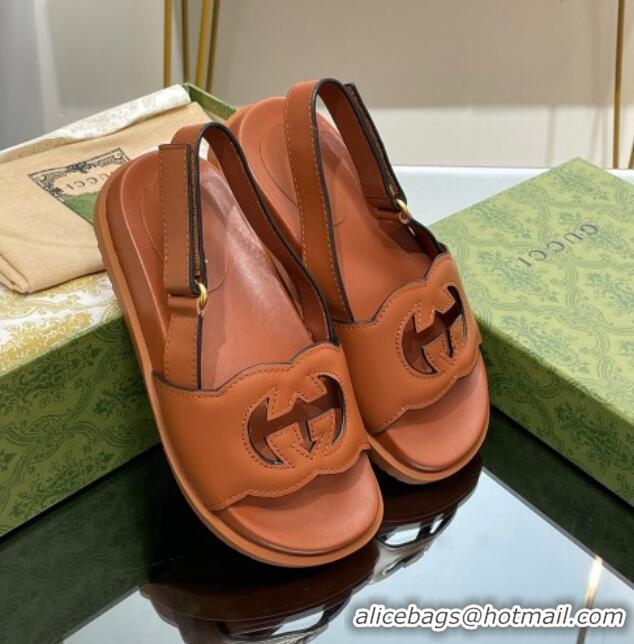 Shop Cheap Gucci Leather Interlocking G Sandals Brown 320003