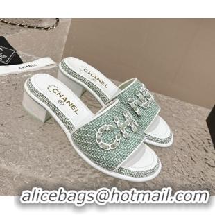 Good Looking Chanel Tweed Heel Slide Sandals 3.5cm with Chain Logo Green 322094