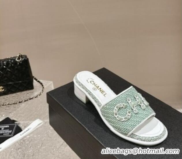 Good Looking Chanel Tweed Heel Slide Sandals 3.5cm with Chain Logo Green 322094