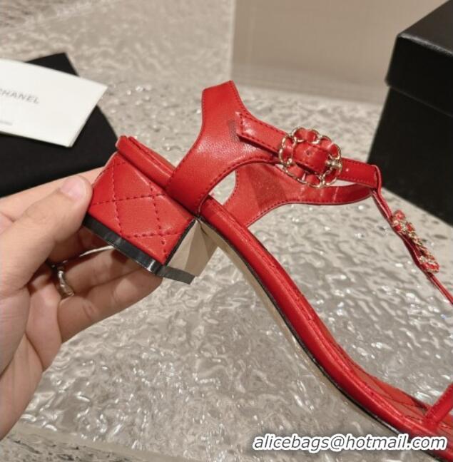 Grade Quality Chanel Lambskin Heel Thong Sandals 4.5cm with Chain CC and Crystals Red 0322095