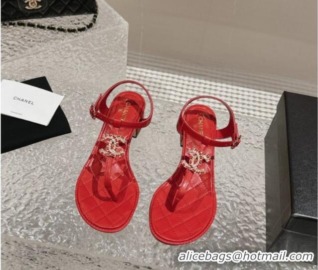 Grade Quality Chanel Lambskin Heel Thong Sandals 4.5cm with Chain CC and Crystals Red 0322095