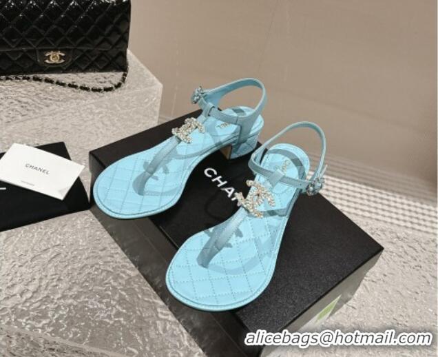 Best Price Chanel Lambskin Heel Thong Sandals 4.5cm with Chain CC and Crystals Light Blue 0322096