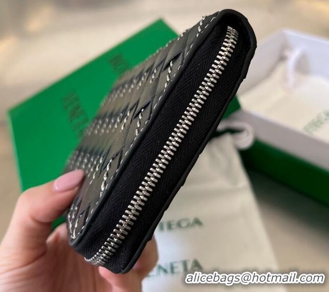 Famous Brand Bottega Veneta Intrecciato Leather Zipped Around Wallet with All-over Stitching 749427 Black 2024