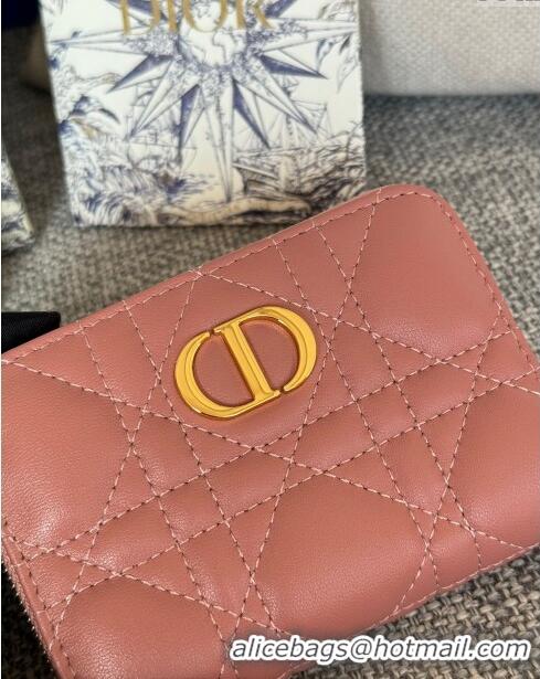 Famous Brand Dior Caro Compact Zipped Wallet in Cannage Calfskin CD0215 Pink 2024