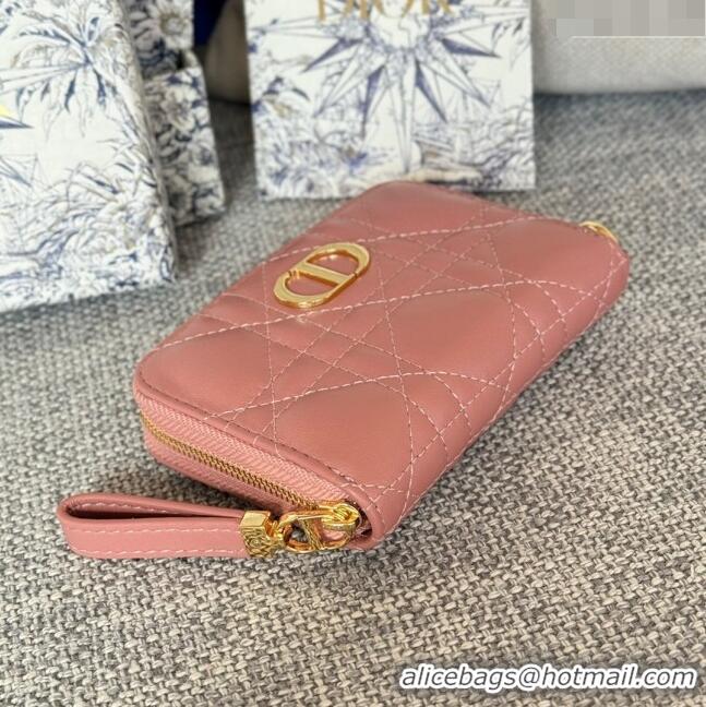 Famous Brand Dior Caro Compact Zipped Wallet in Cannage Calfskin CD0215 Pink 2024