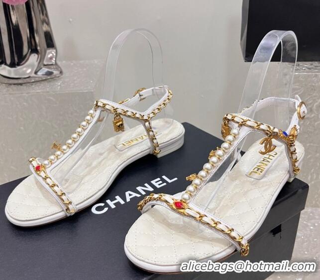 Hot Style Chanel Lambskin Flat Sandals with Pearls and Chain White 325075