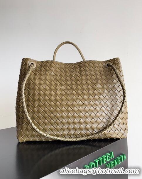 Inexpensive Bottega Veneta Large Andiamo Top Handle Bag in Intrecciato Suede Leather 743575 Khaki Green 2024