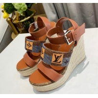 Perfect Louis Vuitton Starboard Wedge Sandals 10cm in Jacquard and Leather Brown 0320109