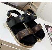 Stylish Louis Vuitton Flat Sandals in Leather and Canvas Black 321009