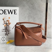 Top Quality Loewe Small Puzzle bag in Satin Calfskin with Wide Leather Strap L2073 Caramel Brown 2024