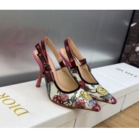 Durable Dior J'Adior Slingback Pumps 9.5cm in White and Pink Florilegio Embroidery 325140