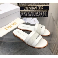 Top Grade Dior Dway Flat Slide Sandals in Calfskin and Embroidered Cotton White 326001