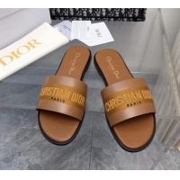 Best Price Dior Dway Flat Slide Sandals in Calfskin and Embroidered Cotton Brown 326002