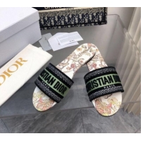 Charming Dior Dway Flat Slide Sandals in Green Embroidered Cotton with Toile de Jouy Mexico Motif 326027