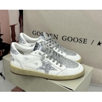 Best Product Golden Goose GGDB Ball Star Sneakers in White Calfskin and Silver-Tone Glitter 328107