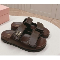 Best Product Miu Miu Nappa Leather Strap Flat Slide Sandals Brown 327062
